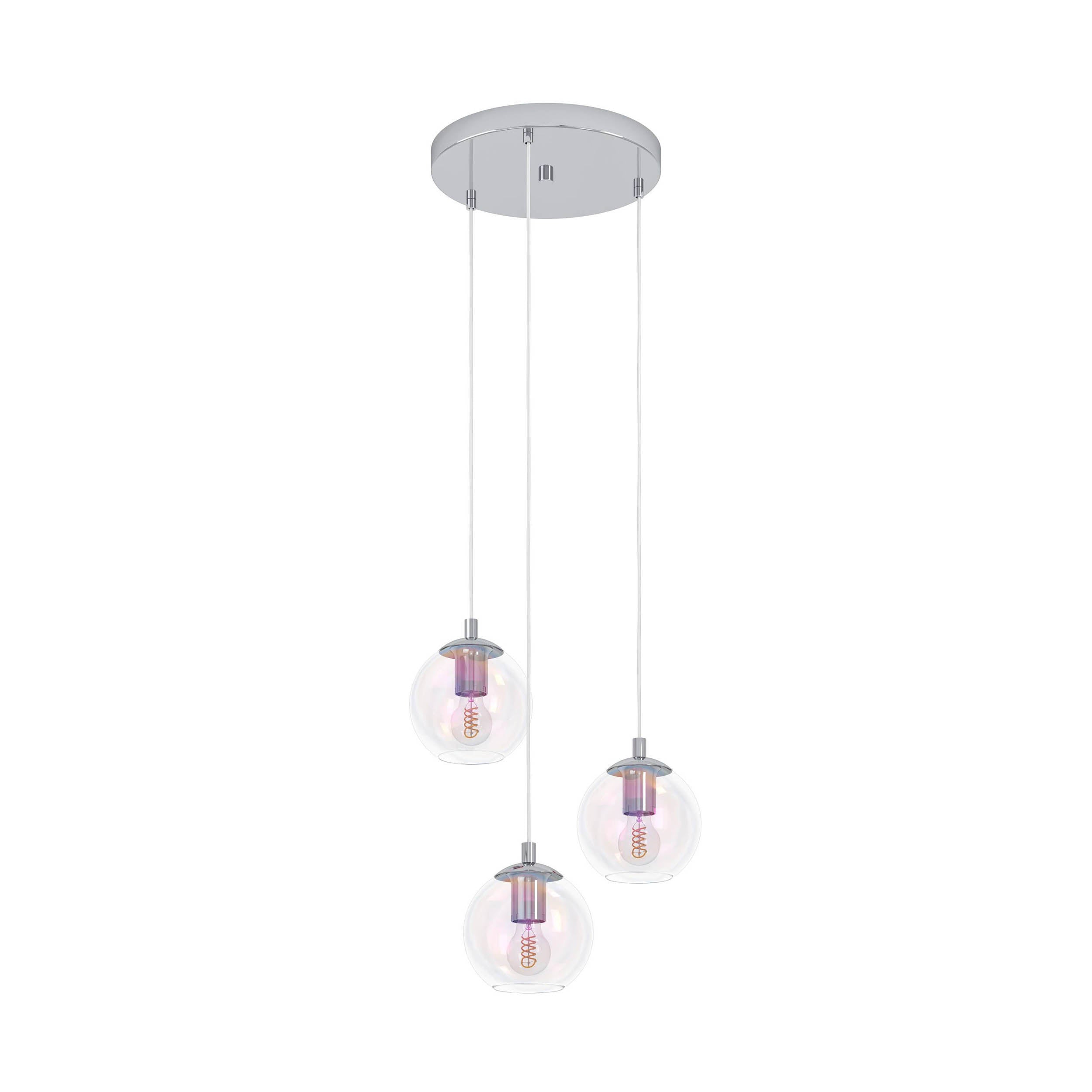 EGLO Ariscani 2 Pendant Light Chrome 3 Globe Staggered Staggered Iridescent Glass Globe Pendant with E27