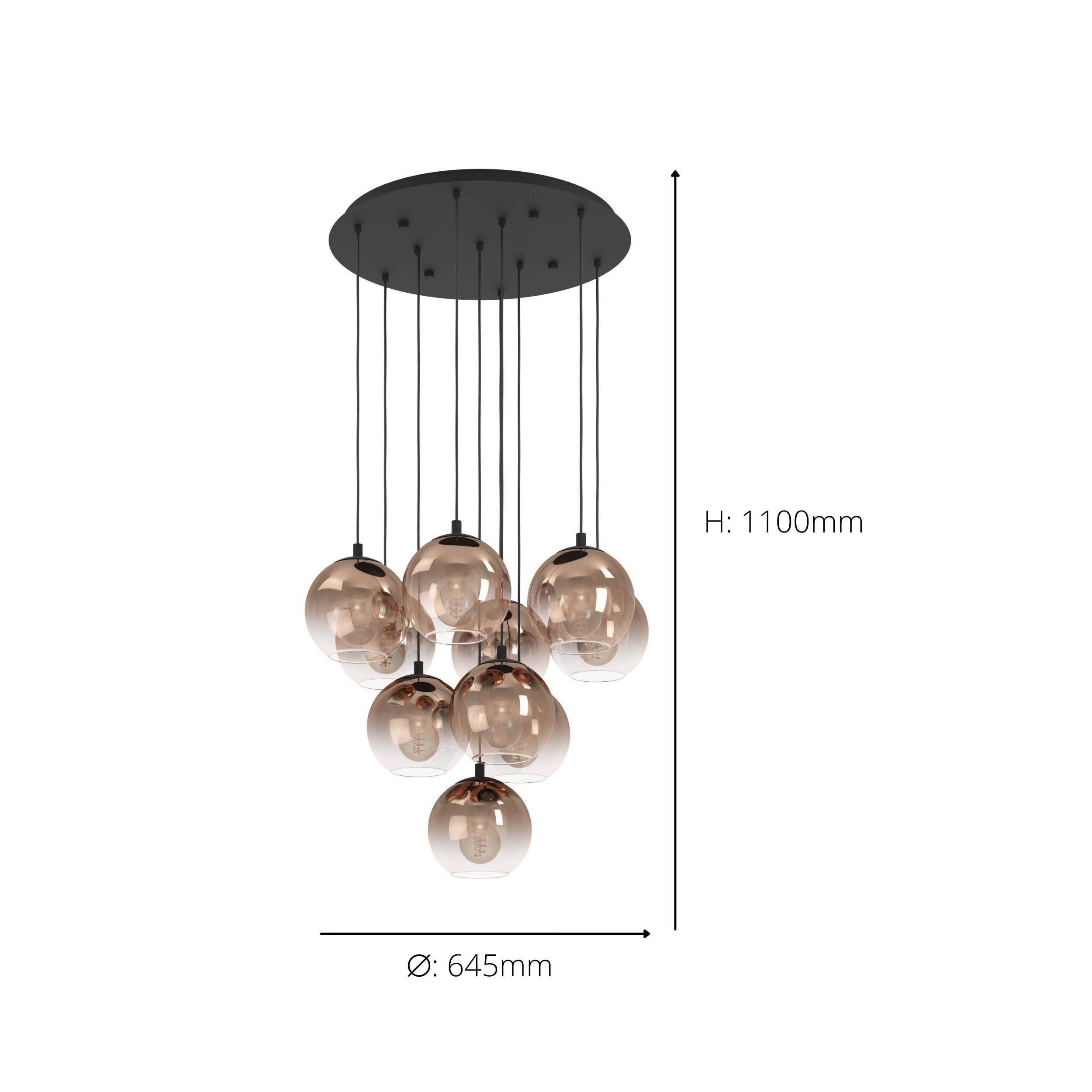EGLO Ariscani 1 Pendant Light Copper Glass 10 Globe Cluster Pendant with Iridescent Copper Glass Globes