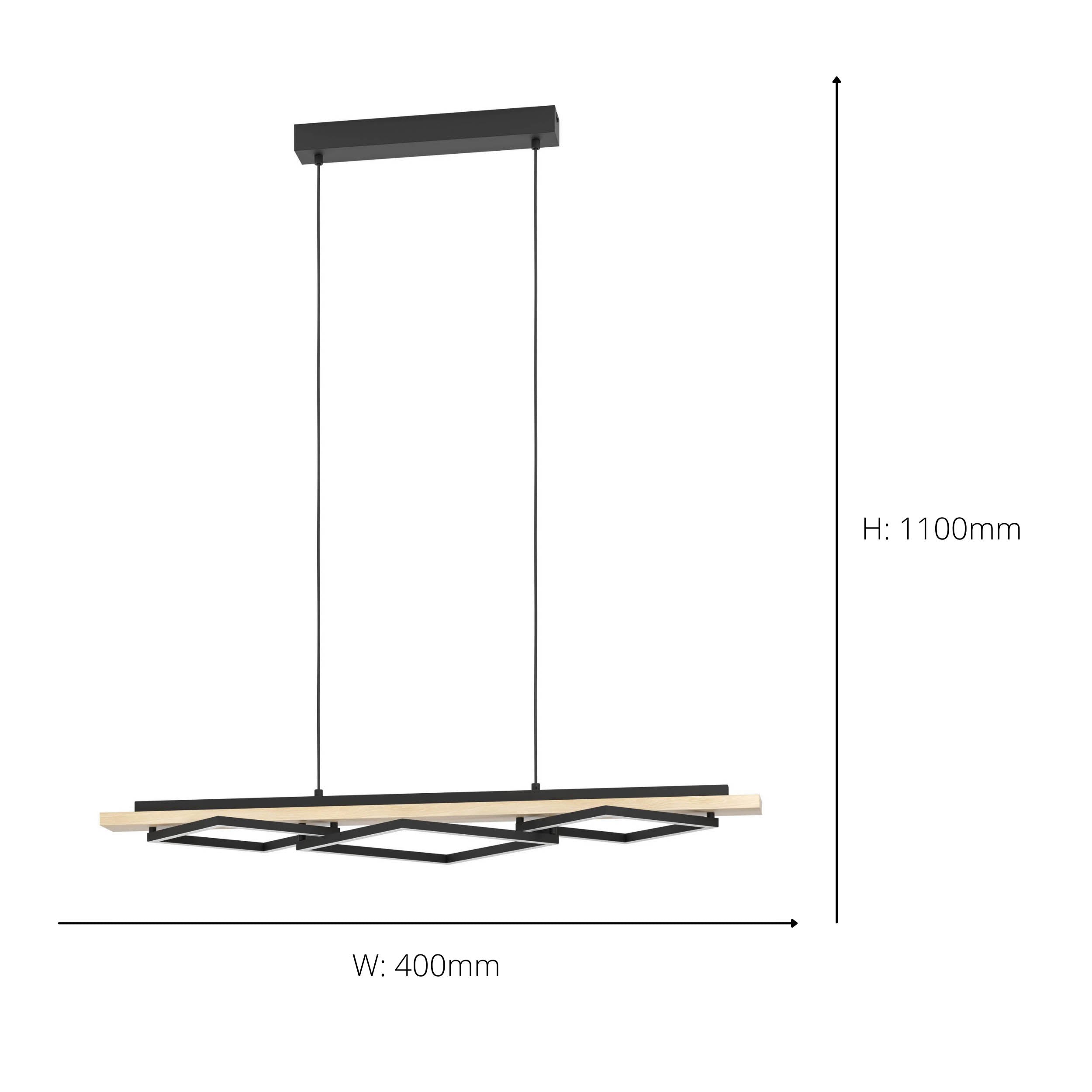 EGLO Boyal Pendant Light Wood Black 2 Frame Elongated LED Pendant with Rustic Wood and Black Metal