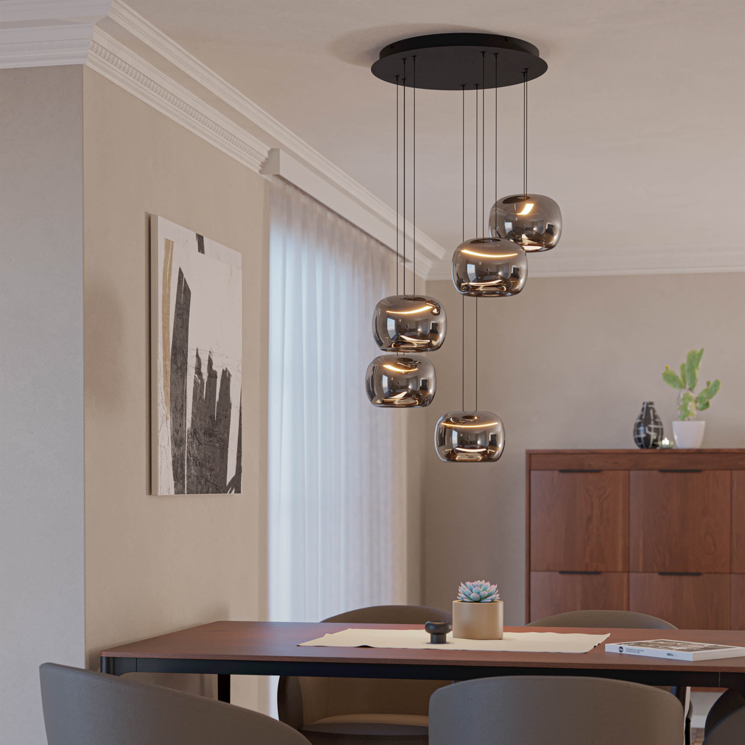 EGLO Hortunas Sphere Pendant Five Glass Globe LED Pendant Light in Black Transparent