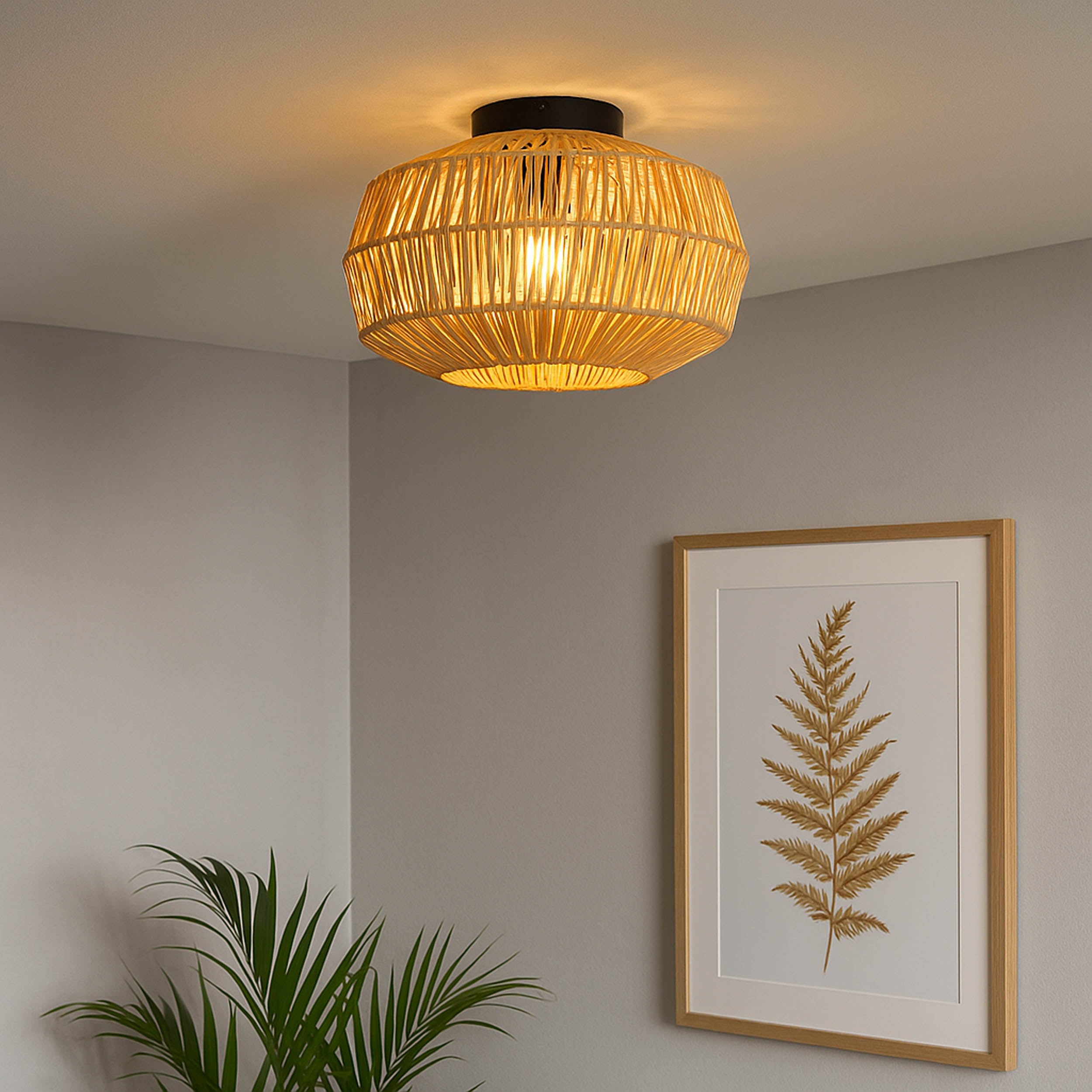 EGLO Sheldon Ceiling Natural Rope Ceiling Light with Black Metal Contrast