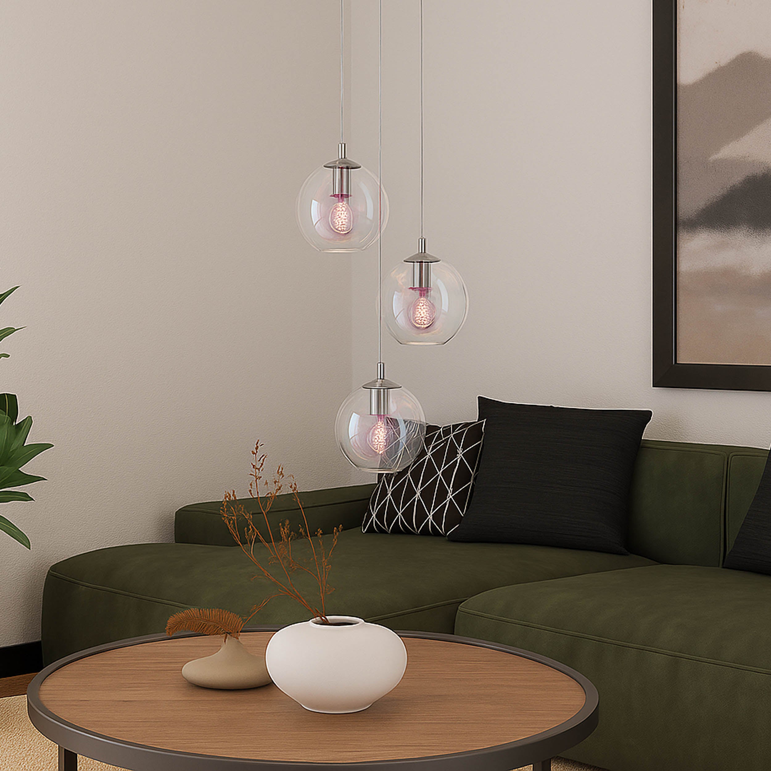 EGLO Ariscani 2 Pendant Light Chrome 3 Globe Staggered Staggered Iridescent Glass Globe Pendant with E27