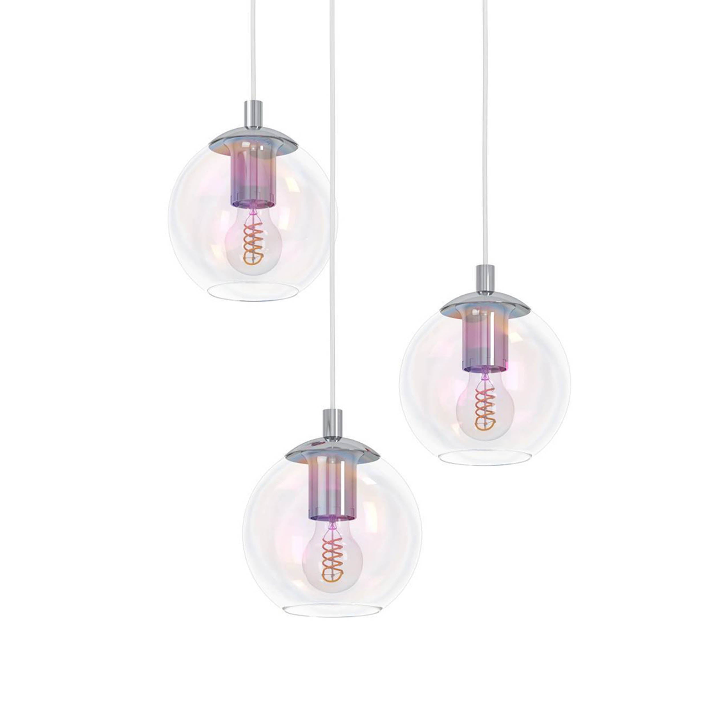 EGLO Ariscani 2 Pendant Light Chrome 3 Globe Staggered Staggered Iridescent Glass Globe Pendant with E27