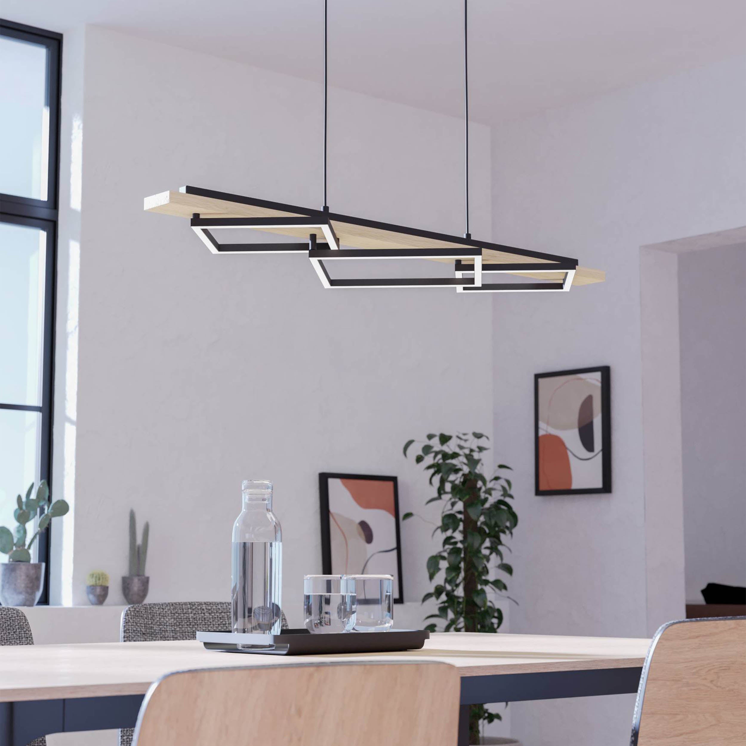 EGLO Boyal Pendant Light Wood Black 2 Frame Elongated LED Pendant with Rustic Wood and Black Metal