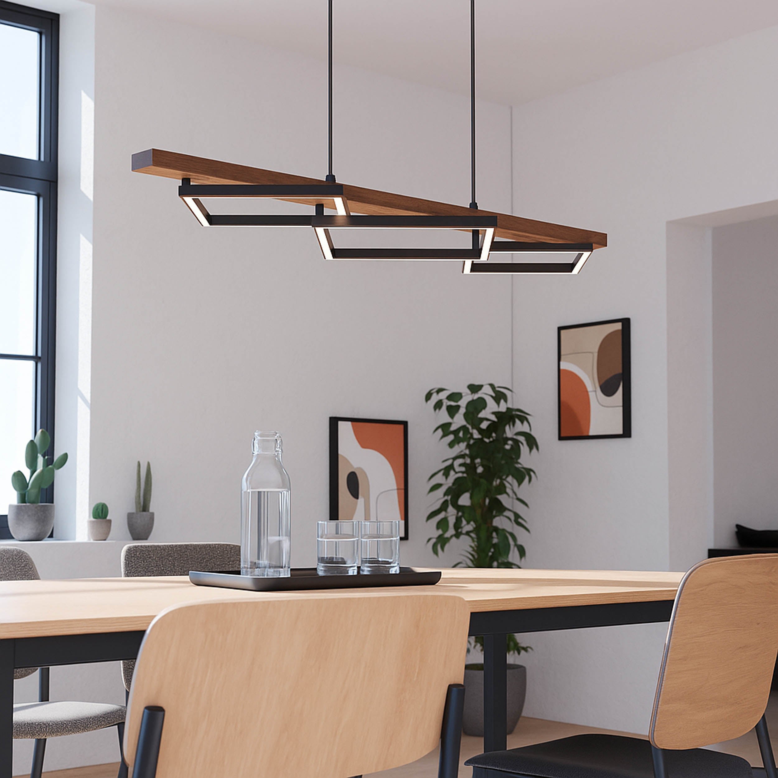 EGLO Boyal Pendant Light Wood Black 3 Frame Elongated LED Pendant with Rustic Wood and Black Metal