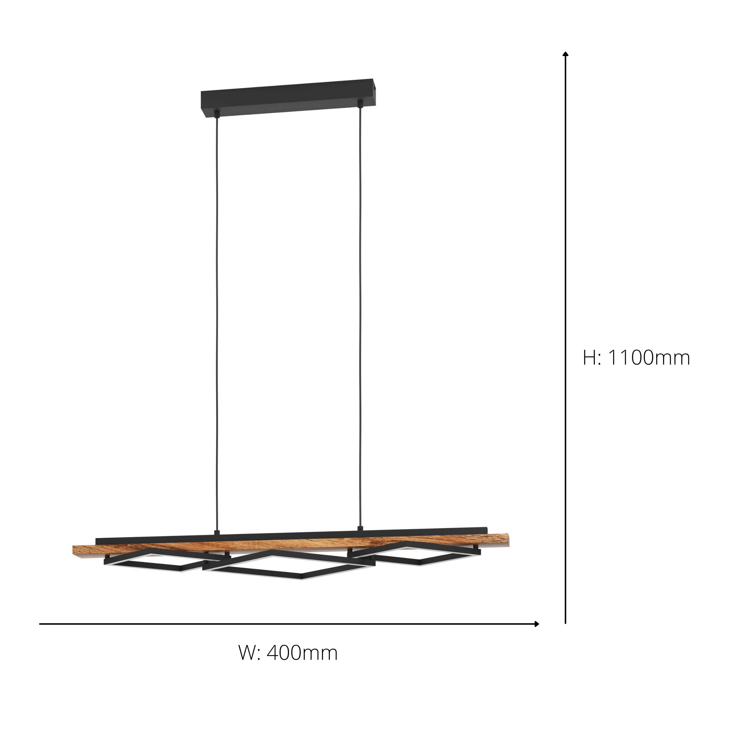 EGLO Boyal Pendant Light Wood Black 3 Frame Elongated LED Pendant with Rustic Wood and Black Metal