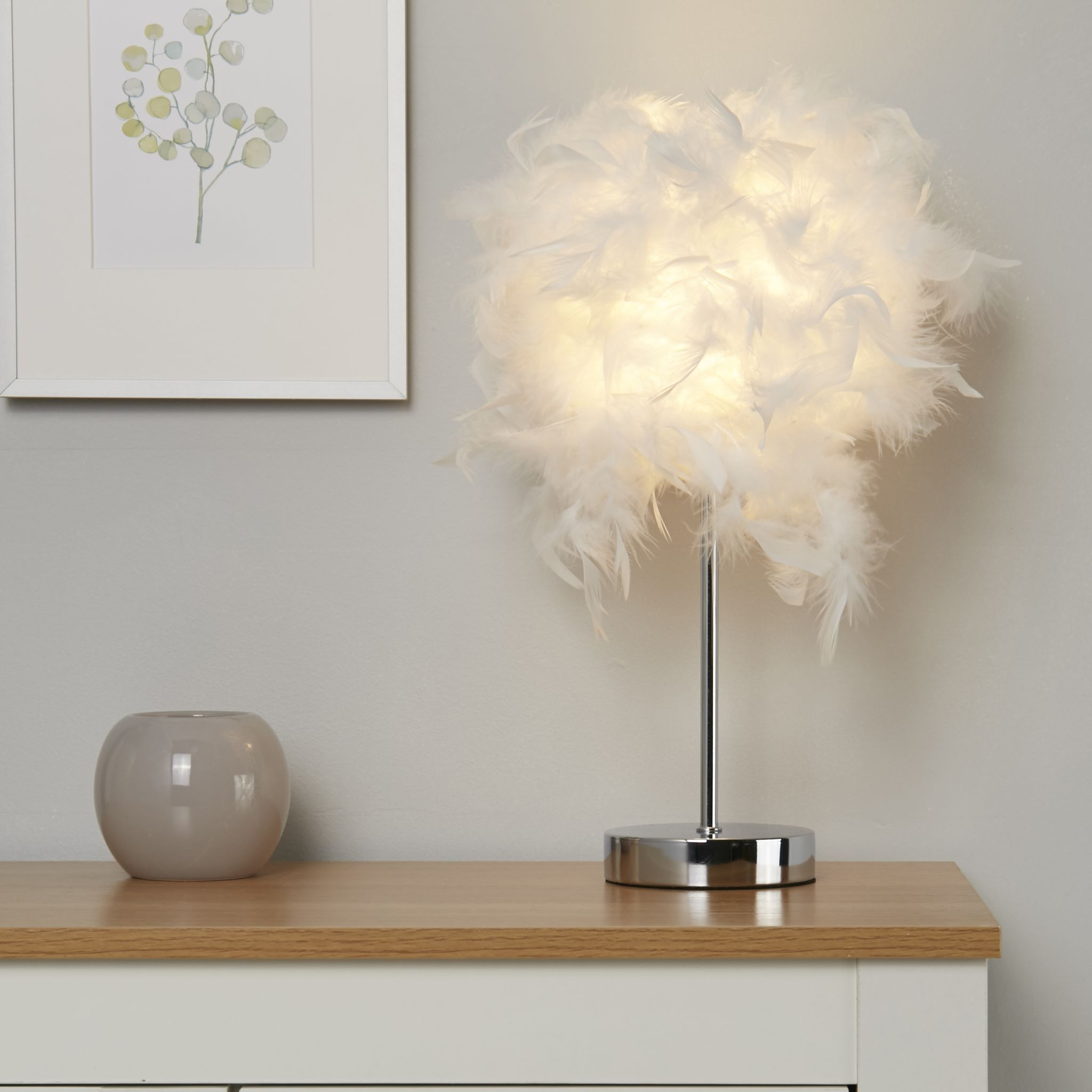 Hattie Table Lamp - White Feather & Chrome Metal
