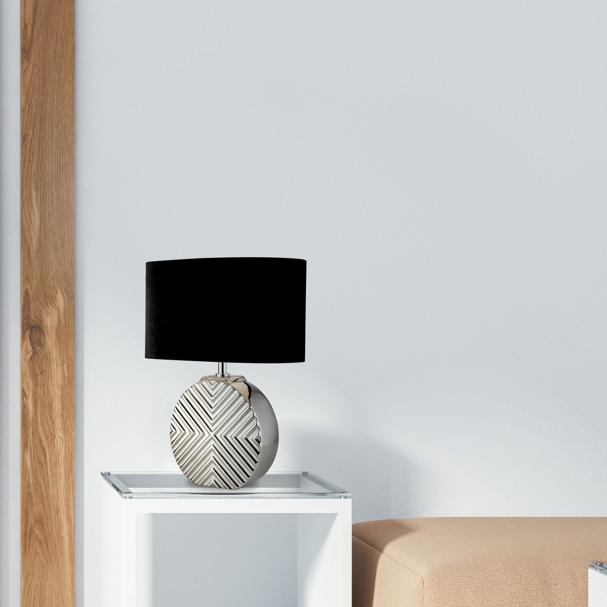 Regen Table Lamp - Chrome Ceramic with Black Fabric Shade